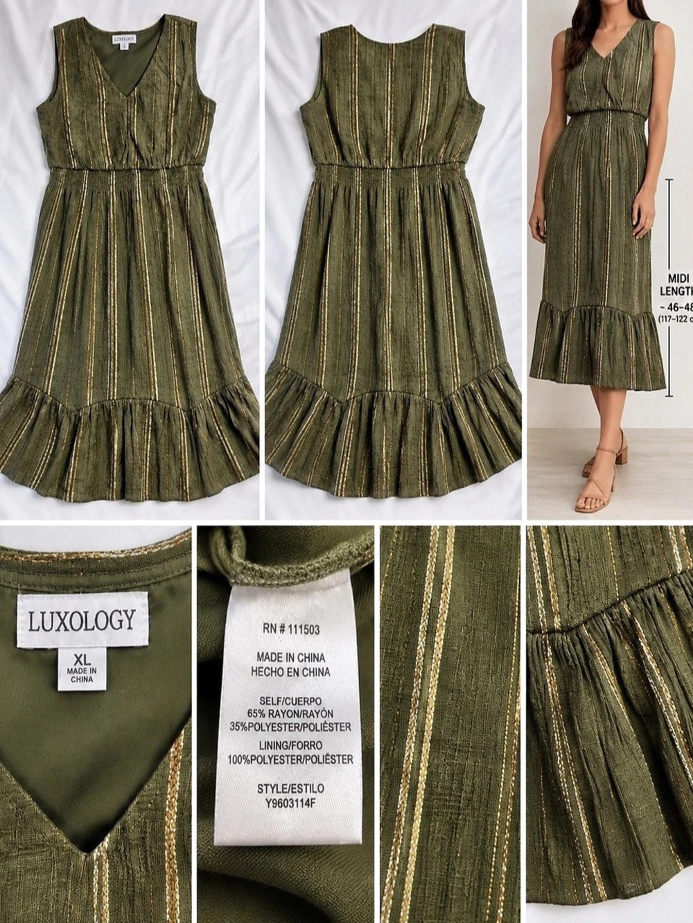 Luxology Gold Stripe Ruffle Hem Midi Dress Green & Gold XL